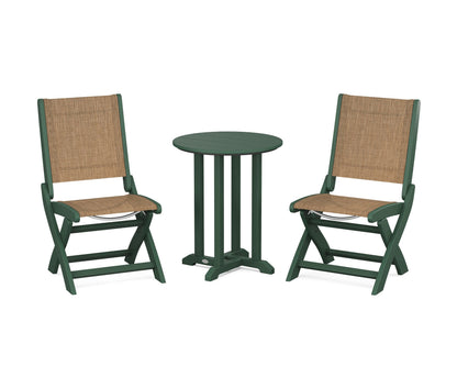 POLYWOOD® Coastal Folding Side Chair 3-Piece Round Bistro Dining Set in Green / Burlap Sling