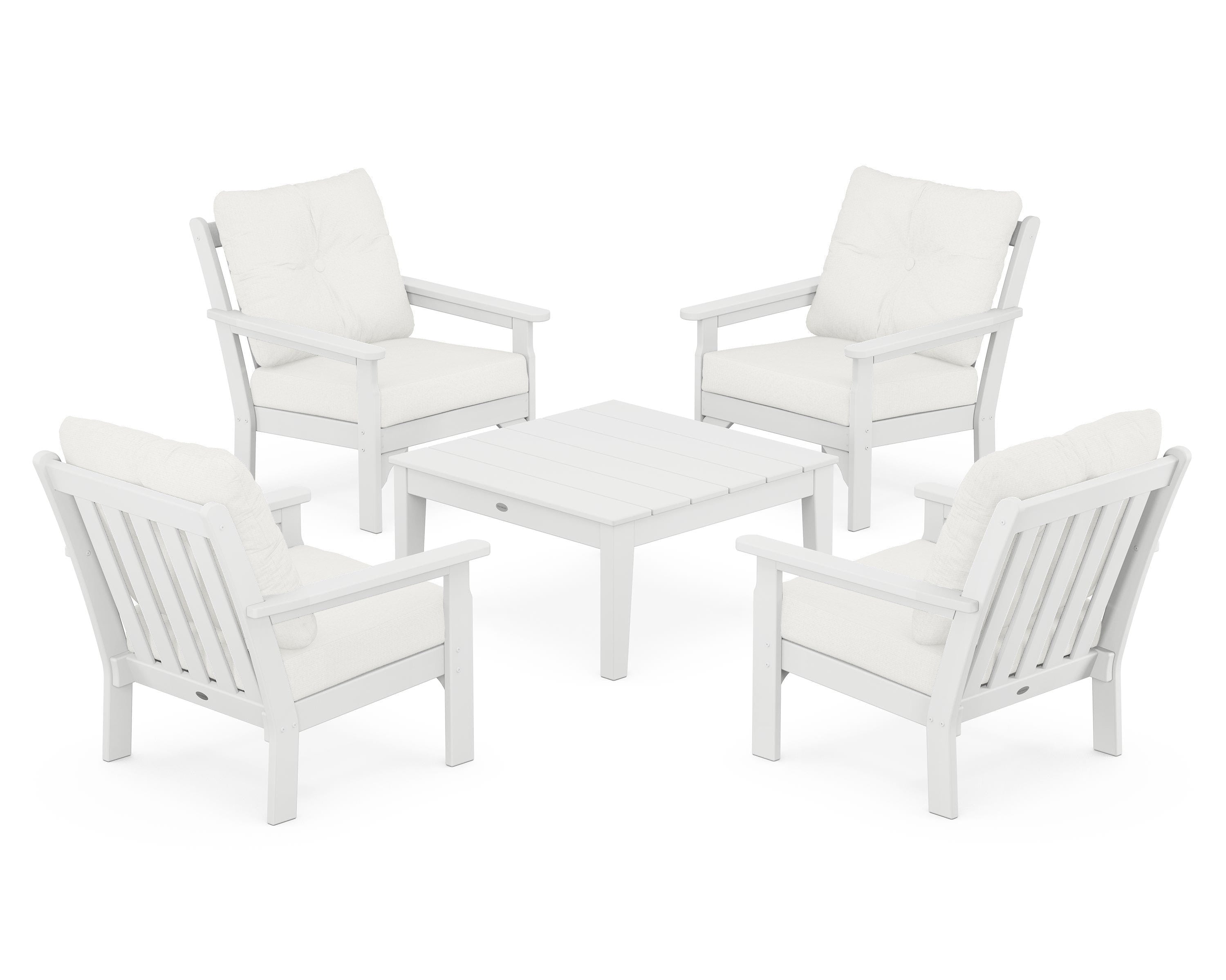 POLYWOOD® Vineyard 5-Piece Deep Seating Conversation Set in White / Natural Linen