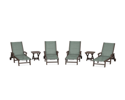 POLYWOOD® Coastal Chaise 6-Piece Set with Wheels in Mahogany / Dupioni Sea Mist Sling