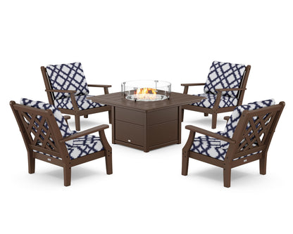 Country Living Wovendale 5-Piece Deep Seating Set with Fire Pit Table in Mahogany / Trellis Navy