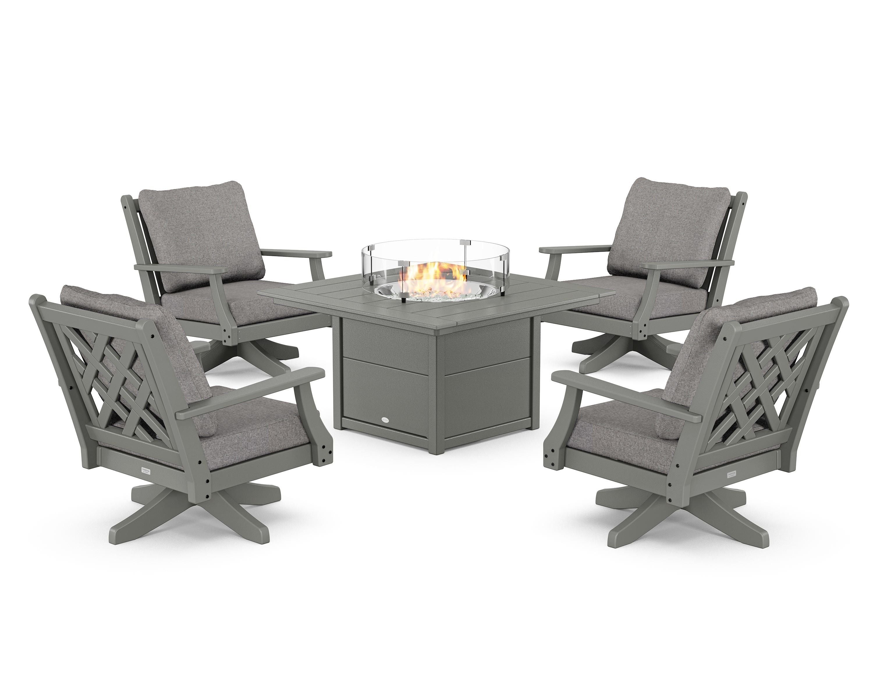 Country Living Wovendale 5-Piece Deep Seating Swivel Conversation Set with Fire Pit Table in Slate Grey / Grey Mist