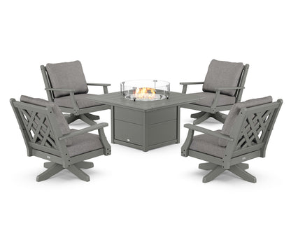 Country Living Wovendale 5-Piece Deep Seating Swivel Conversation Set with Fire Pit Table in Slate Grey / Grey Mist