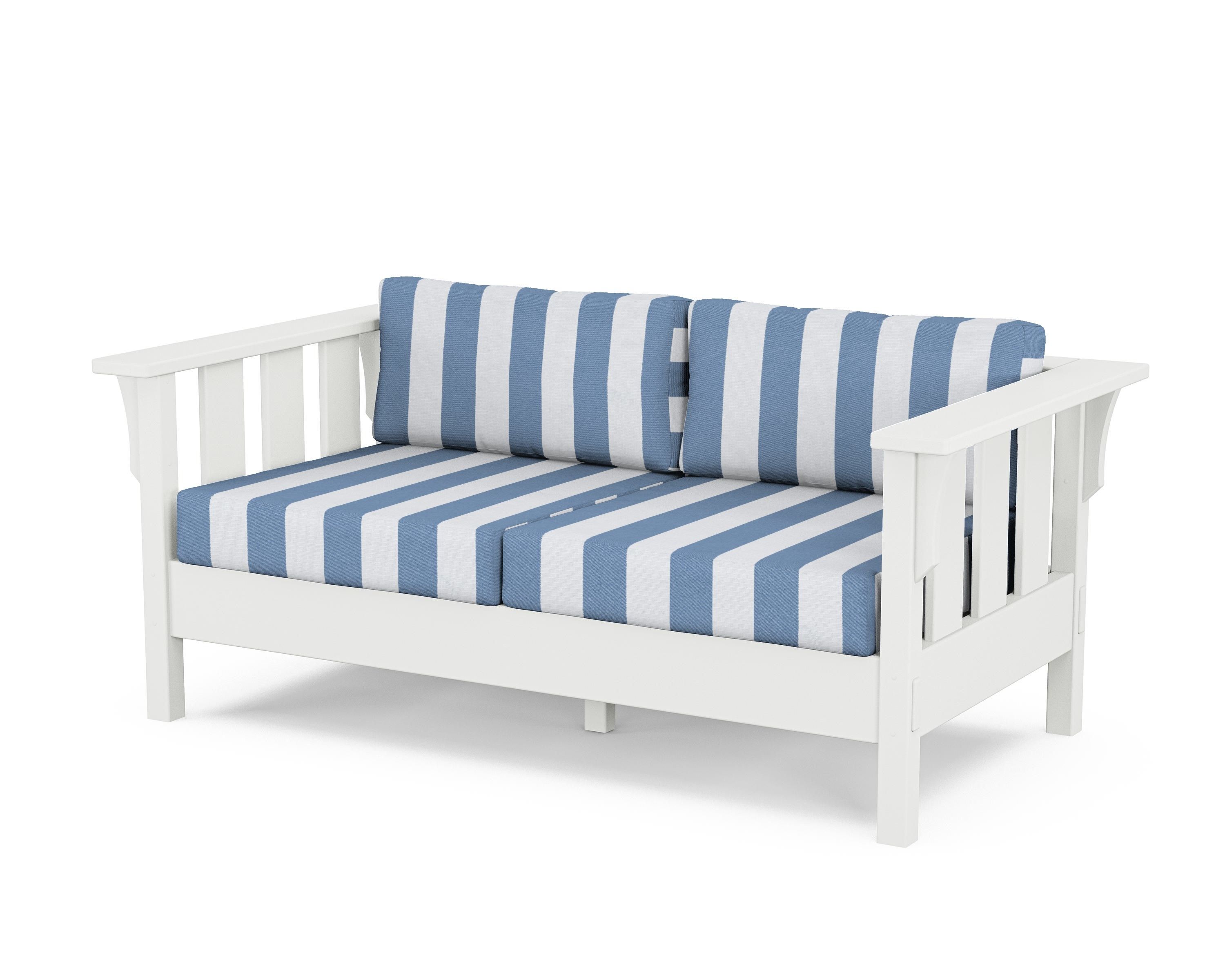 Martha Stewart by POLYWOOD® Acadia Deep Seating Loveseat in White / Cabana Stripe Sky Blue