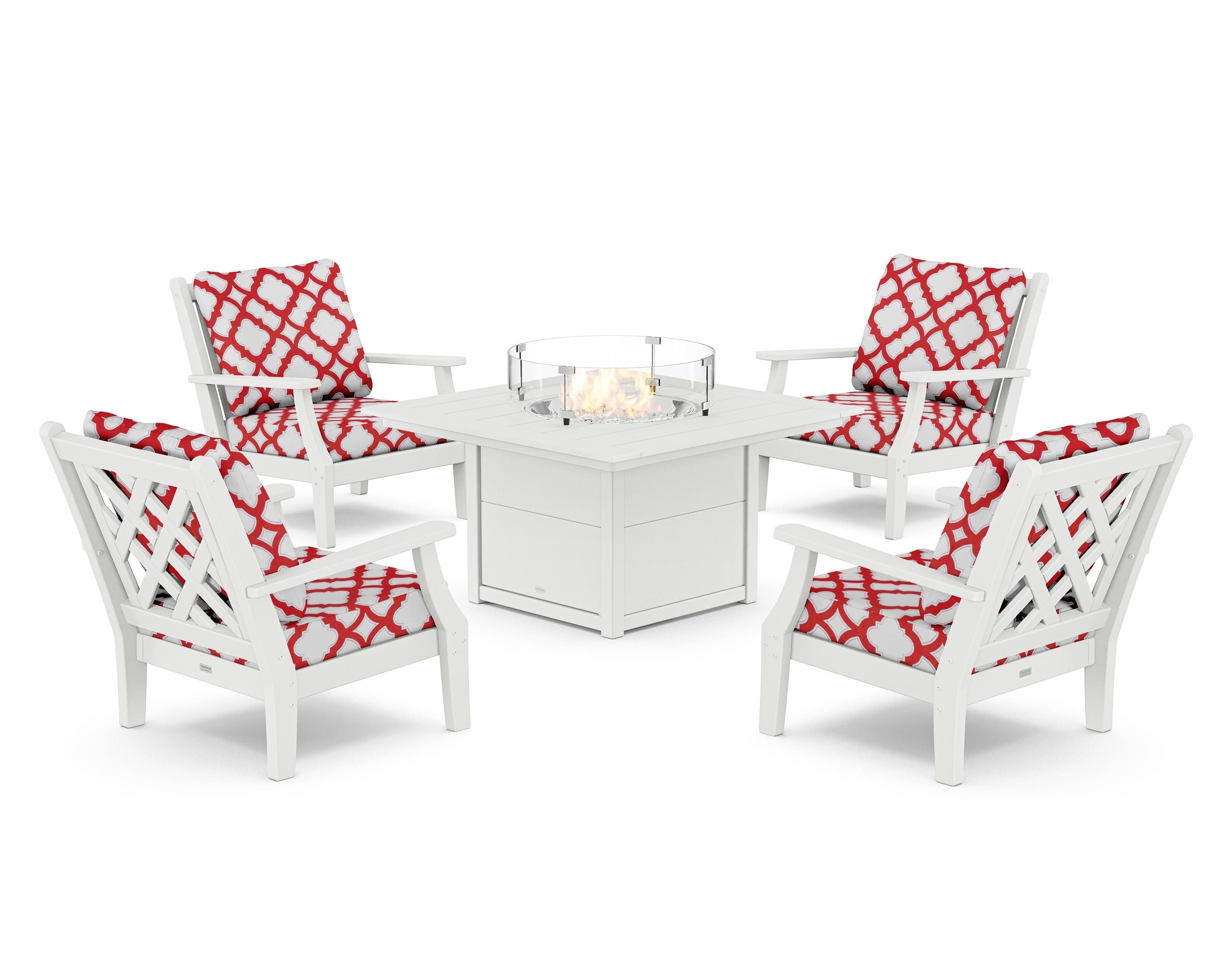 Country Living Wovendale 5-Piece Deep Seating Set with Fire Pit Table in White / Trellis Crimson