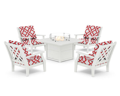 Country Living Wovendale 5-Piece Deep Seating Set with Fire Pit Table in White / Trellis Crimson