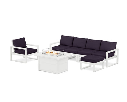 POLYWOOD® EDGE Sectional Lounge and Fire Pit Set in White / Navy Linen