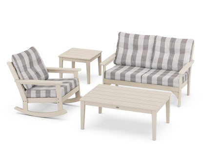 POLYWOOD® Vineyard 4-Piece Deep Seating Rocker Set in Sand / Buffalo Plaid Grey Mist