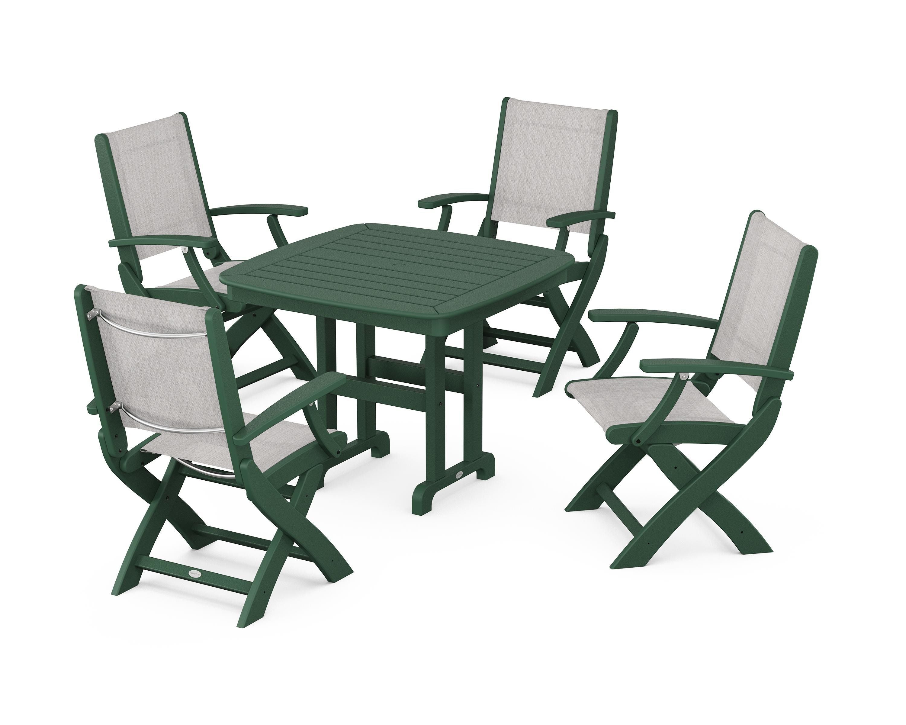 POLYWOOD® Coastal Folding Chair 5-Piece Dining Set in Green / Parchment Sling