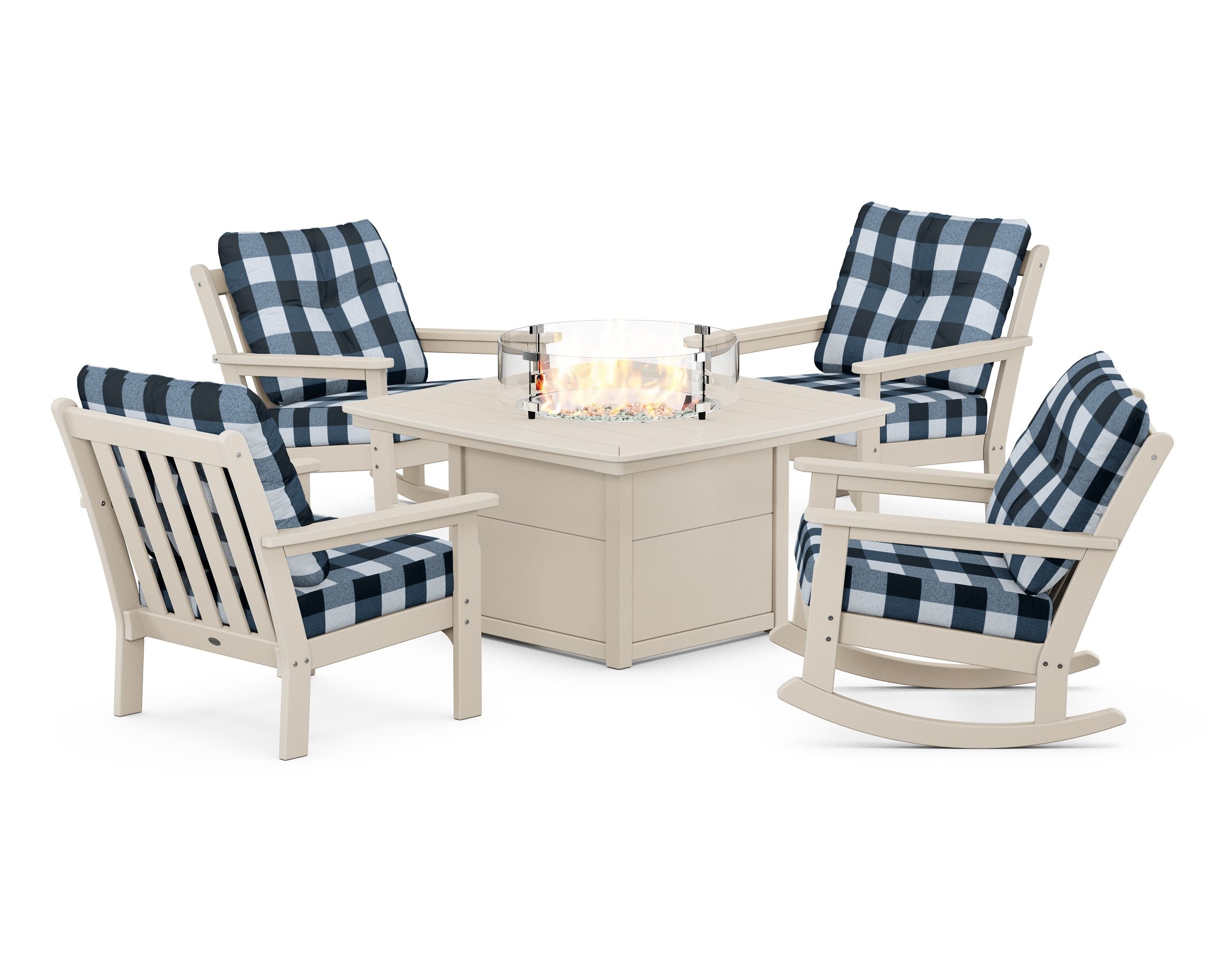 POLYWOOD® Vineyard 5-Piece Deep Seating Rocking Chair Conversation Set with Fire Pit Table in Sand / Buffalo Plaid Marine Indigo