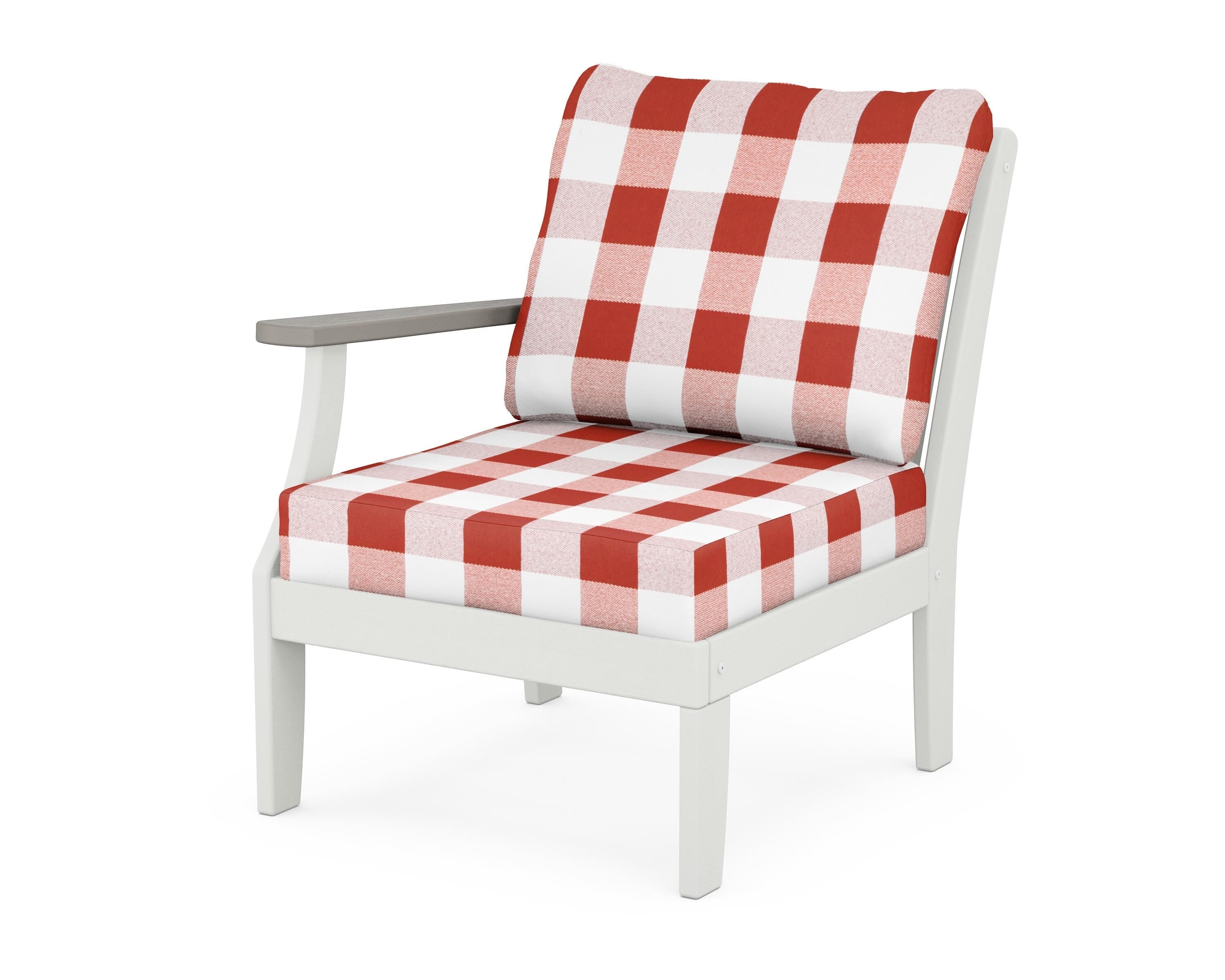 POLYWOOD® Braxton Modular Left Arm Chair in White / Driftwood / Buffalo Plaid Crimson