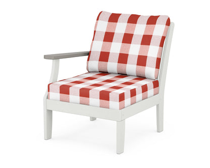 POLYWOOD® Braxton Modular Left Arm Chair in White / Driftwood / Buffalo Plaid Crimson