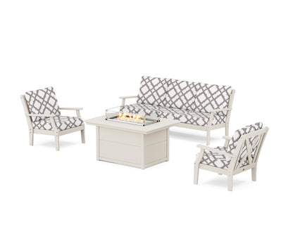 POLYWOOD® Braxton Deep Seating Fire Pit Table Set in Sand / Trellis Grey Mist