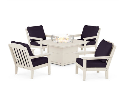 Country Living Cottage 5-Piece Deep Seating Set with Fire Pit Table in Sand / Navy Linen