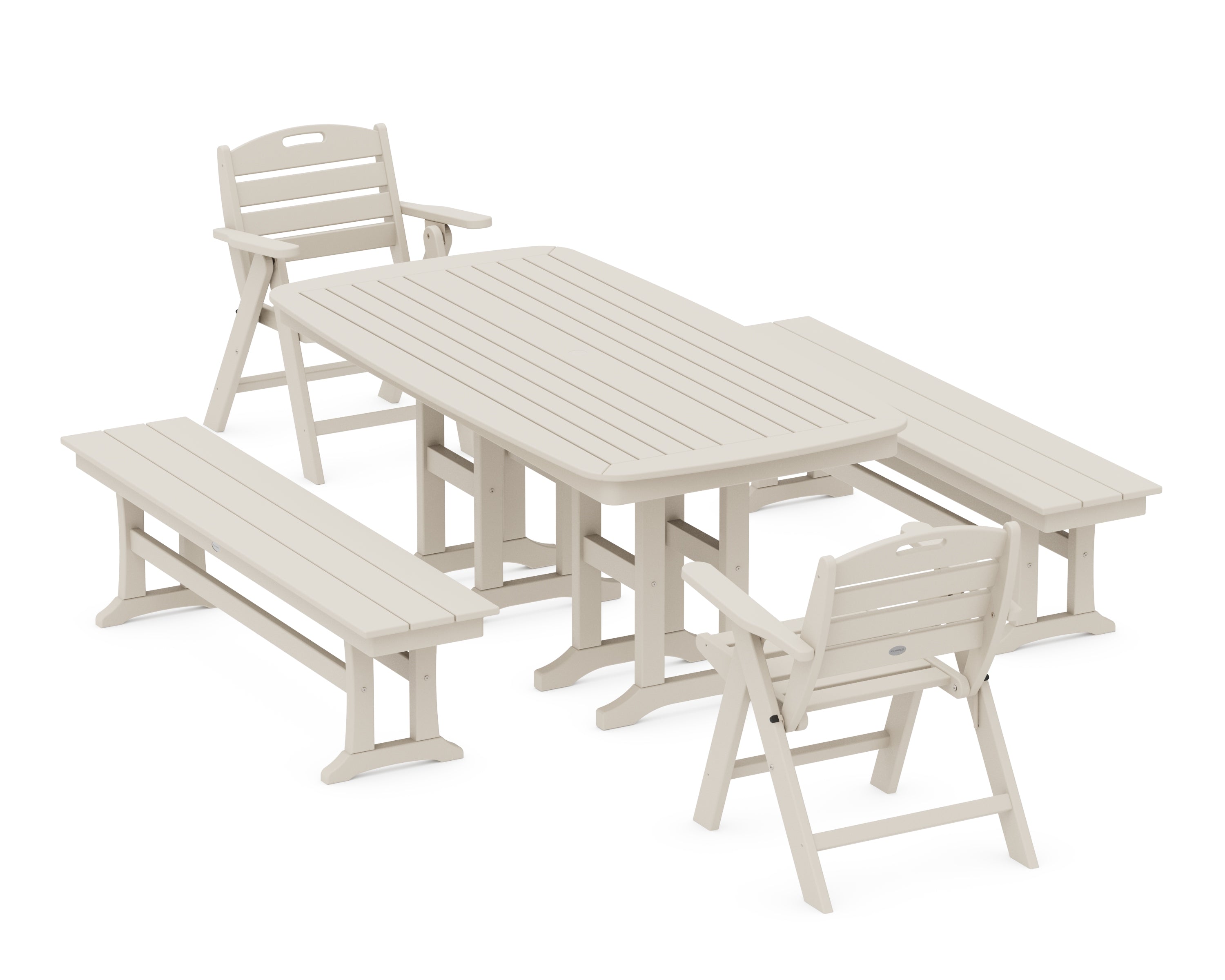 POLYWOOD® Nautical Lowback 5-Piece Dining Set with Benches in Sand