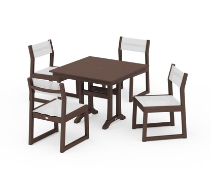 POLYWOOD® EDGE Sling 5-Piece Farmhouse Trestle Side Chair Dining Set in Mahogany / White Sling