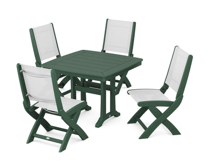 POLYWOOD® Coastal Folding Side Chair 5-Piece Dining Set with Trestle Legs in Green / White Sling