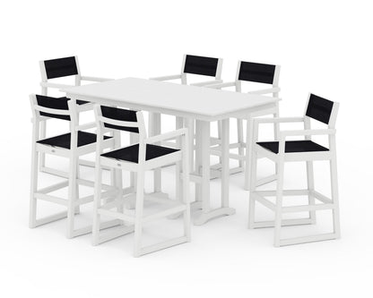 POLYWOOD® EDGE Sling Arm Chair 7-Piece Farmhouse Bar Set in White / Black Sling