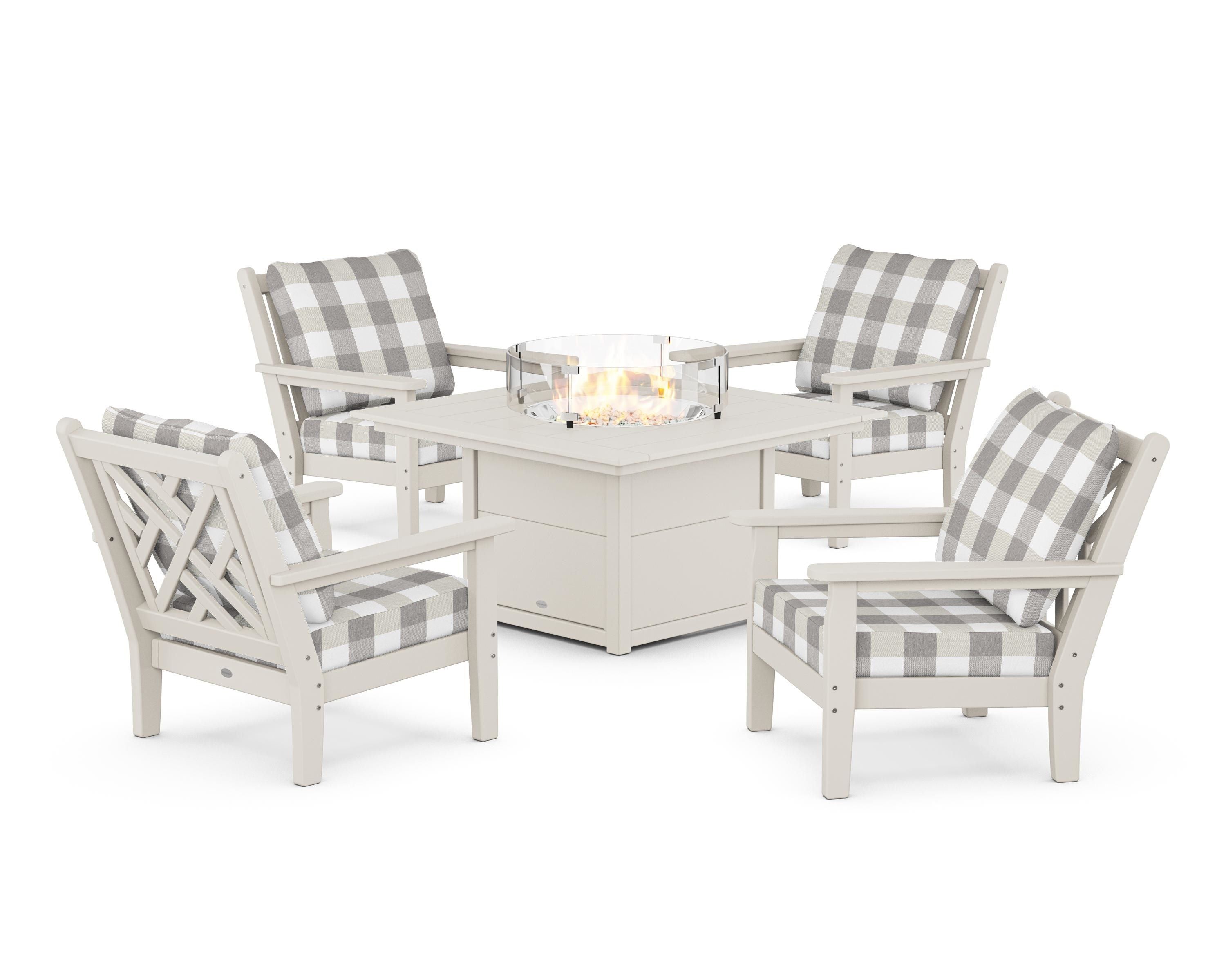 POLYWOOD® Chippendale 5-Piece Deep Seating Set with Fire Pit Table in Sand / Buffalo Plaid Grey Mist
