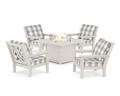 POLYWOOD® Chippendale 5-Piece Deep Seating Set with Fire Pit Table in Sand / Buffalo Plaid Grey Mist