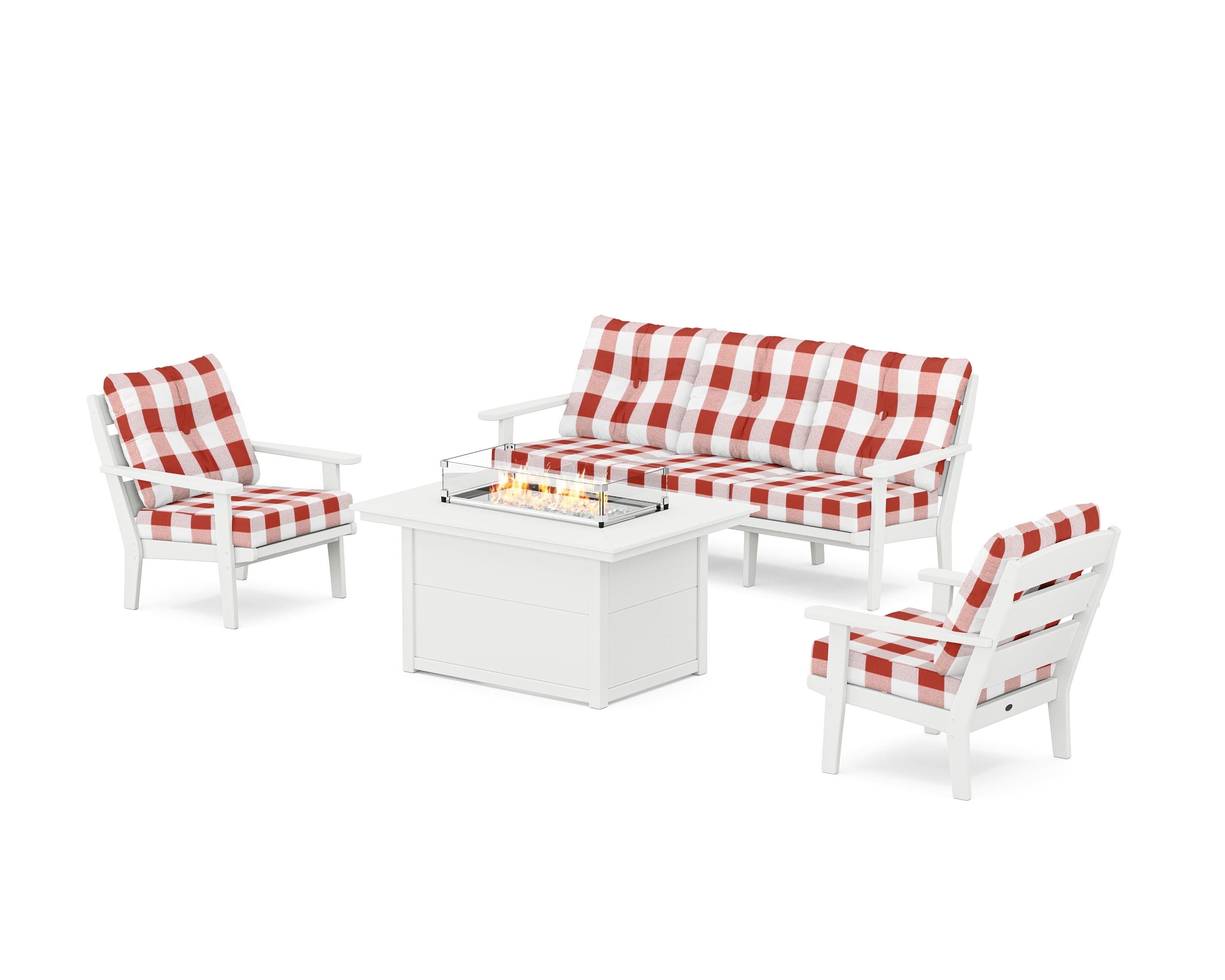 POLYWOOD® Lakeside Deep Seating Fire Pit Table Set in White / Buffalo Plaid Crimson