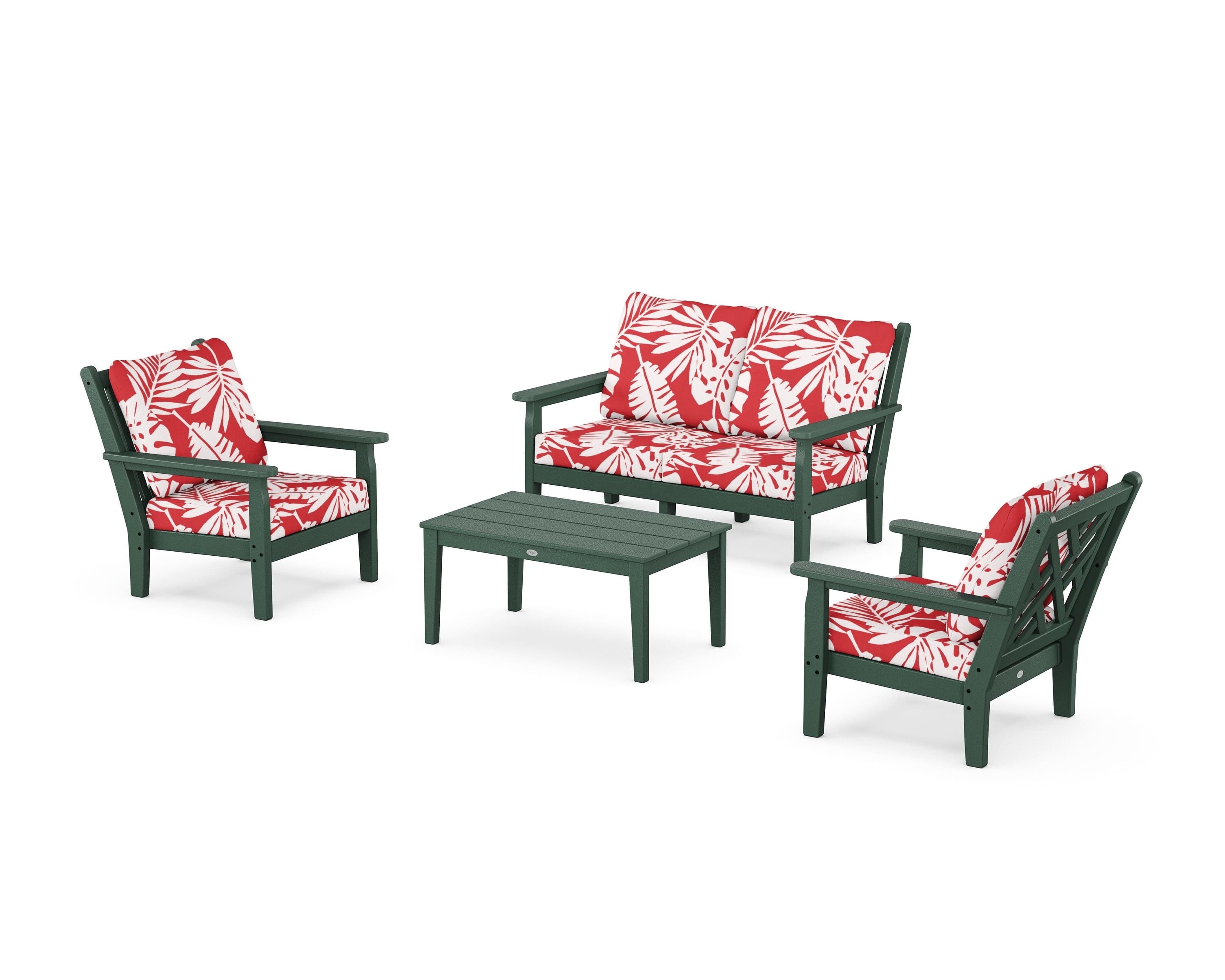 POLYWOOD® Chippendale 4-Piece Deep Seating Set with Loveseat in Green / Leaf Crimson