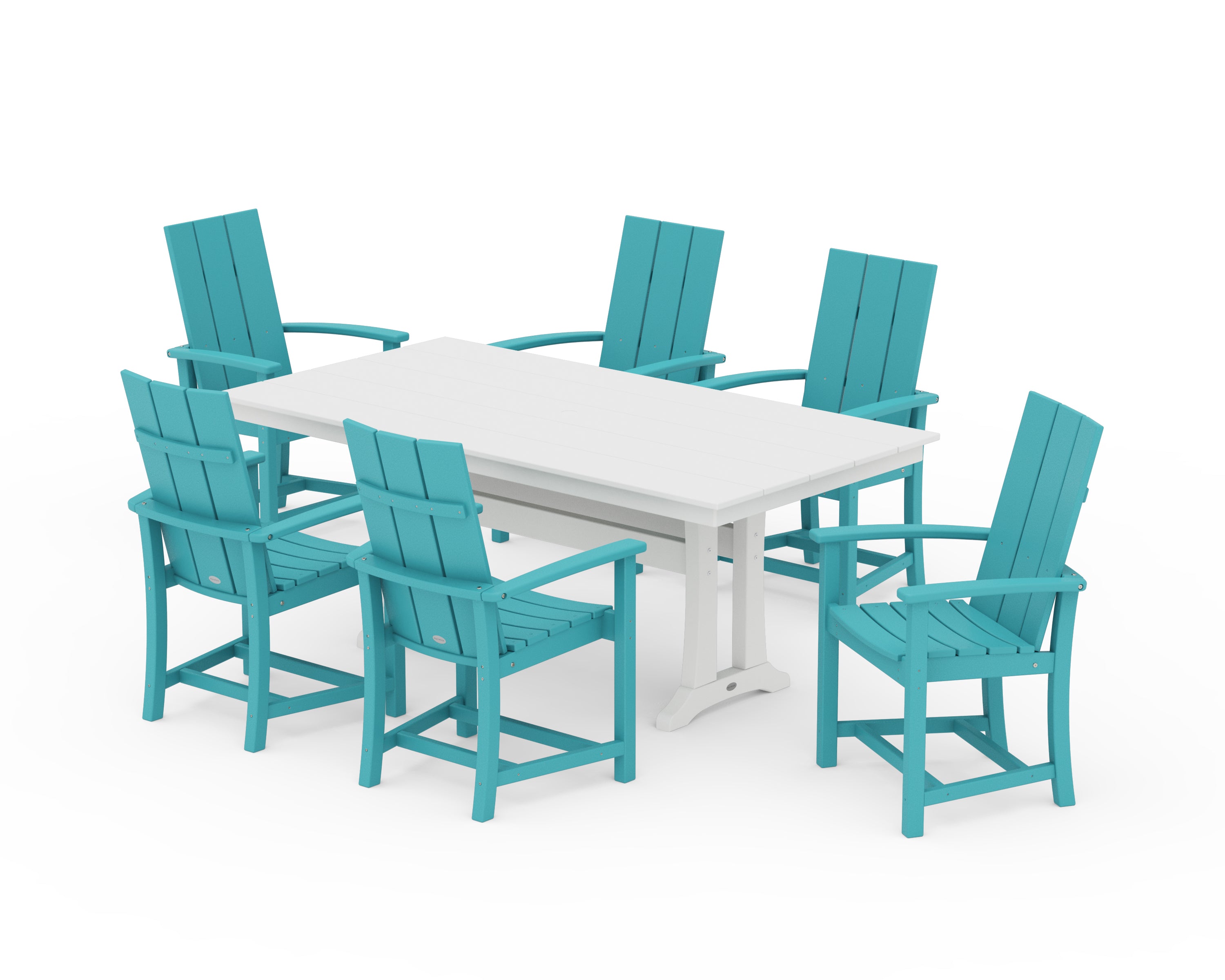 POLYWOOD® Modern Adirondack 7-Piece Farmhouse Dining Set with Trestle Legs in Aruba / White