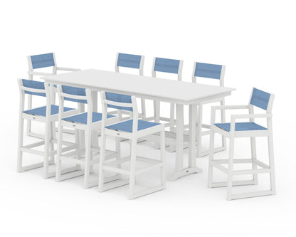 POLYWOOD® EDGE Sling 9-Piece Farmhouse Bar Set with Trestle Legs in White / Poolside Sling