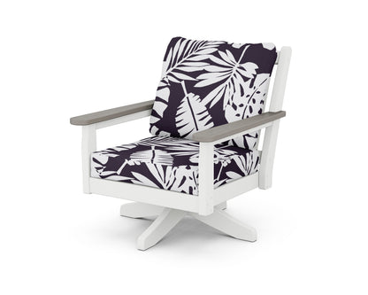 POLYWOOD® Chippendale Deep Seating Swivel Chair in White / Driftwood / Leaf Navy