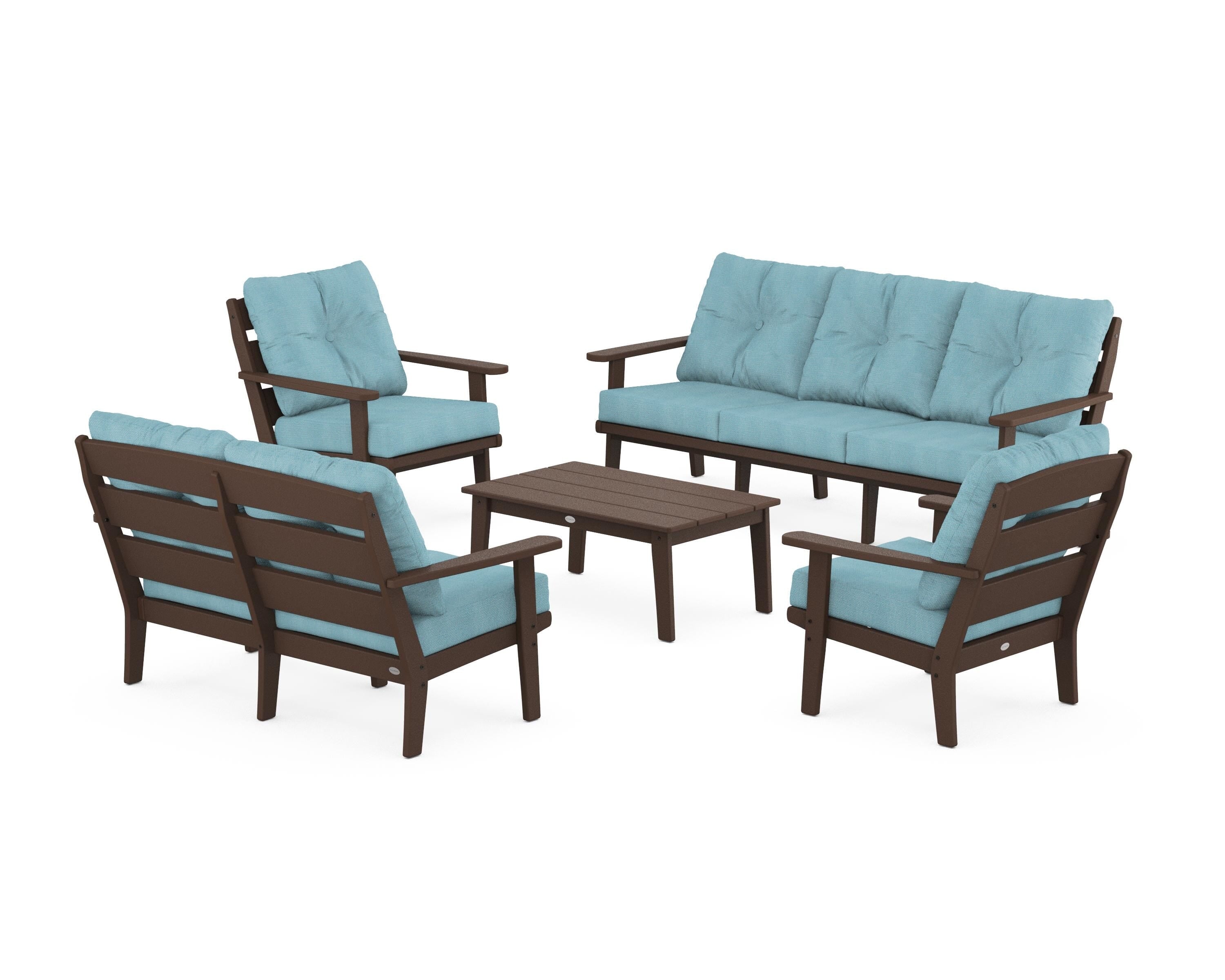POLYWOOD® Lakeside 5-Piece Lounge Sofa Set in Mahogany / Lattice Sky Blue