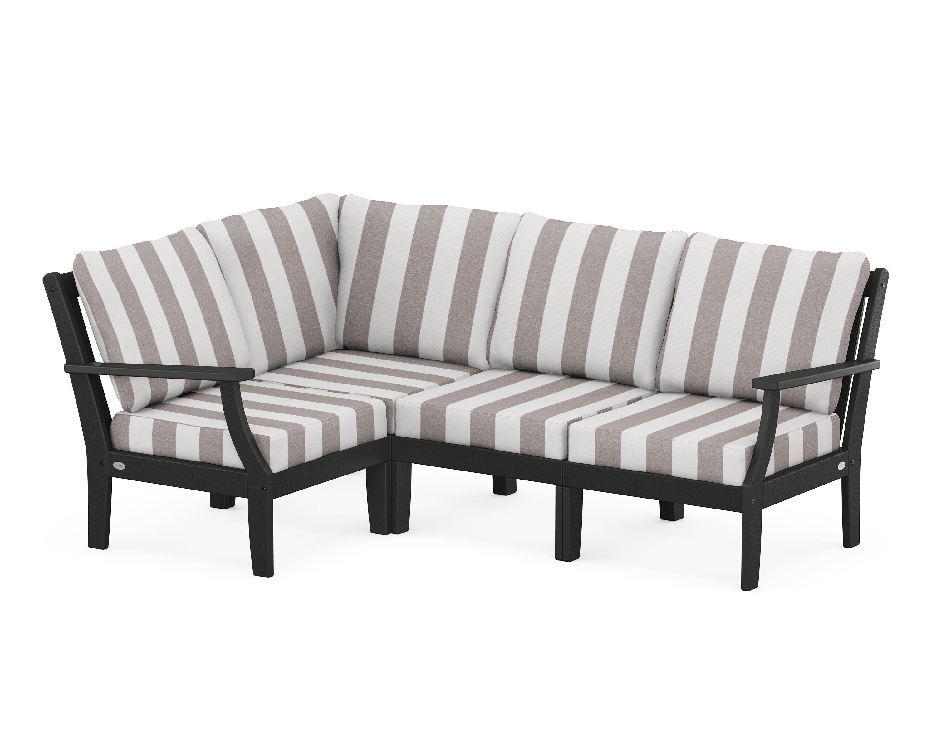POLYWOOD® Braxton Modular 4-Piece Deep Seating Set in Black / Cabana Stripe Grey Mist