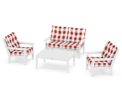 POLYWOOD® Vineyard 4-Piece Deep Seating Set in White / Buffalo Plaid Crimson