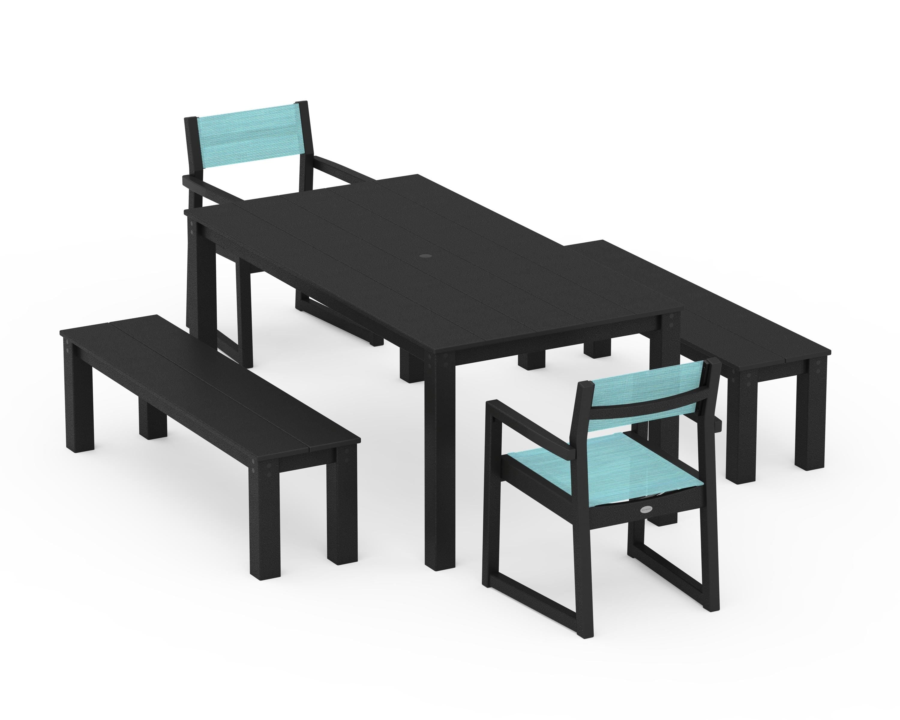POLYWOOD® EDGE Sling Arm Chair 5-Piece Parsons Dining Set with Benches in Black / Dupioni Aquamarine Sling