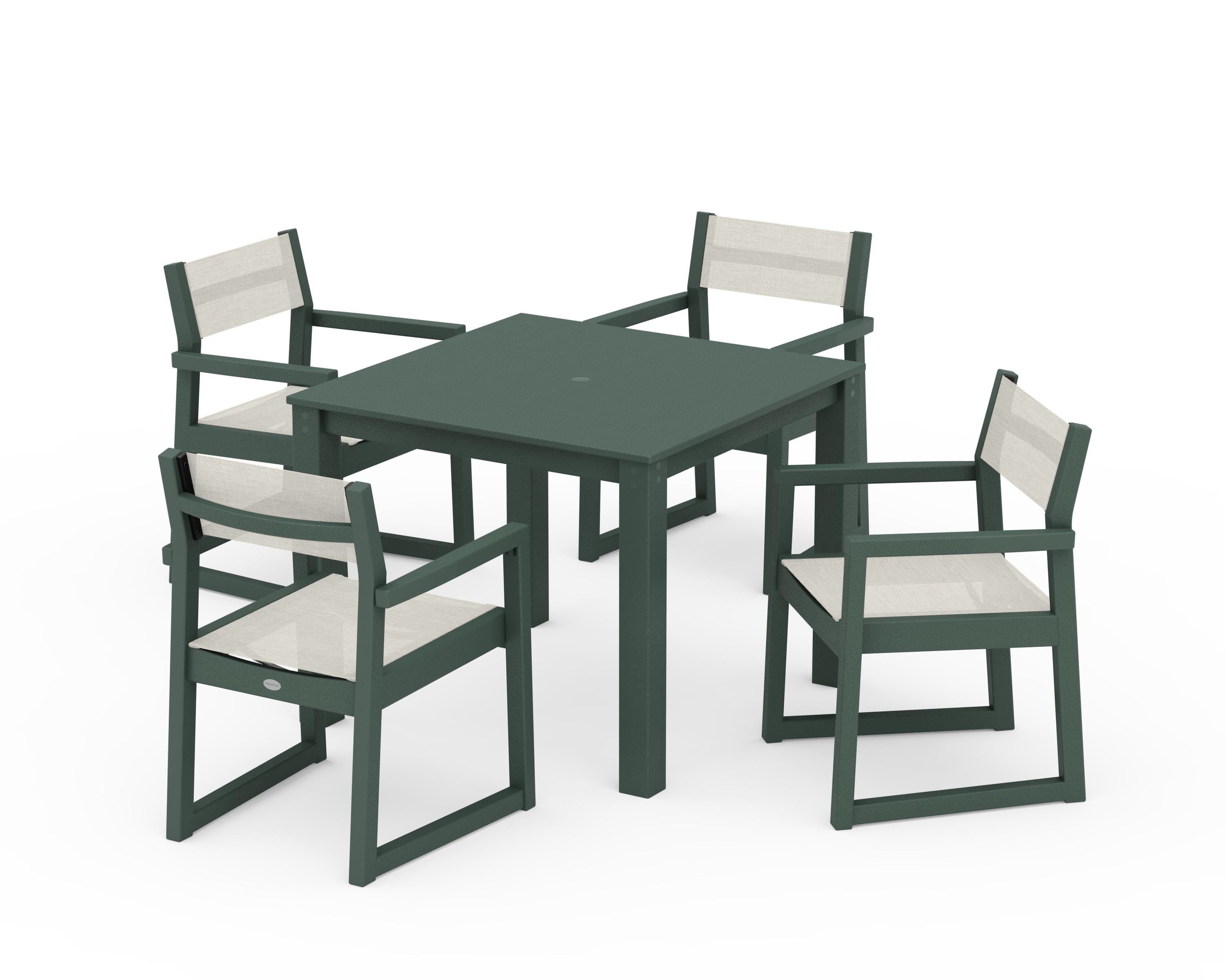 POLYWOOD® EDGE Sling Arm Chair 5-Piece Parsons Dining Set in Green / Parchment Sling