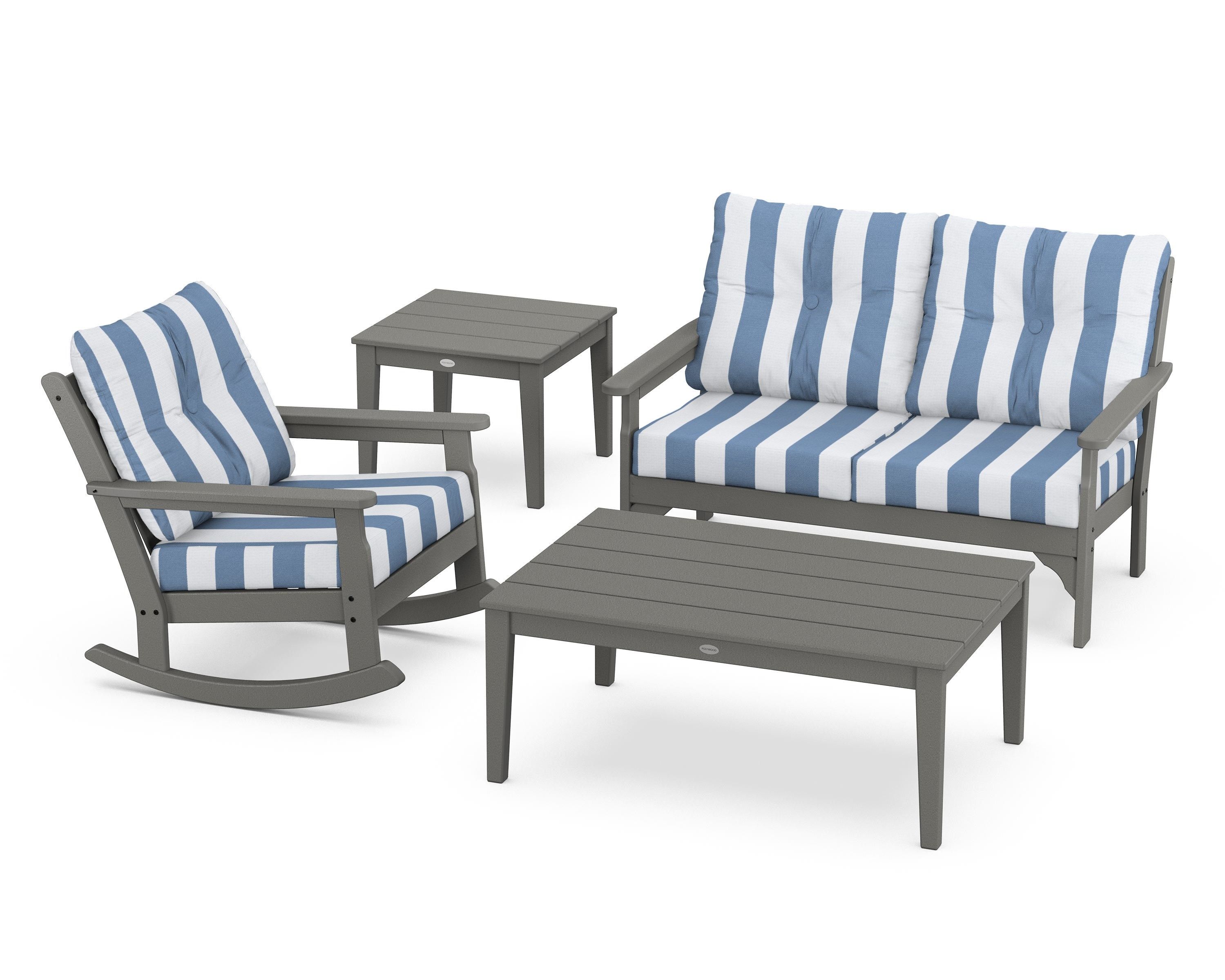 POLYWOOD® Vineyard 4-Piece Deep Seating Rocker Set in Slate Grey / Cabana Stripe Sky Blue