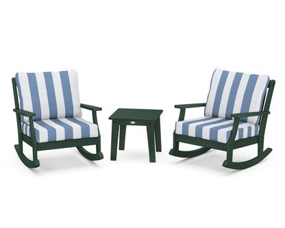 POLYWOOD® Braxton 3-Piece Deep Seating Rocker Set in Green / Cabana Stripe Sky Blue