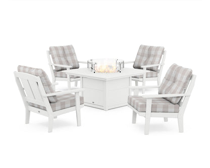 POLYWOOD® Mission 5-Piece Deep Seating Set with Fire Pit Table in White / Buffalo Plaid Dune Burlap