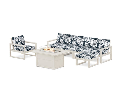 POLYWOOD® EDGE Sectional Lounge and Fire Pit Set in Sand / Leaf Marine Indigo
