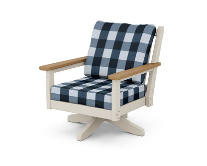 POLYWOOD® Chippendale Deep Seating Swivel Chair in Sand / Natural / Buffalo Plaid Marine Indigo