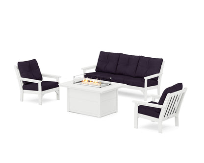 POLYWOOD® Vineyard Deep Seating Fire Pit Table Set in White / Navy Linen