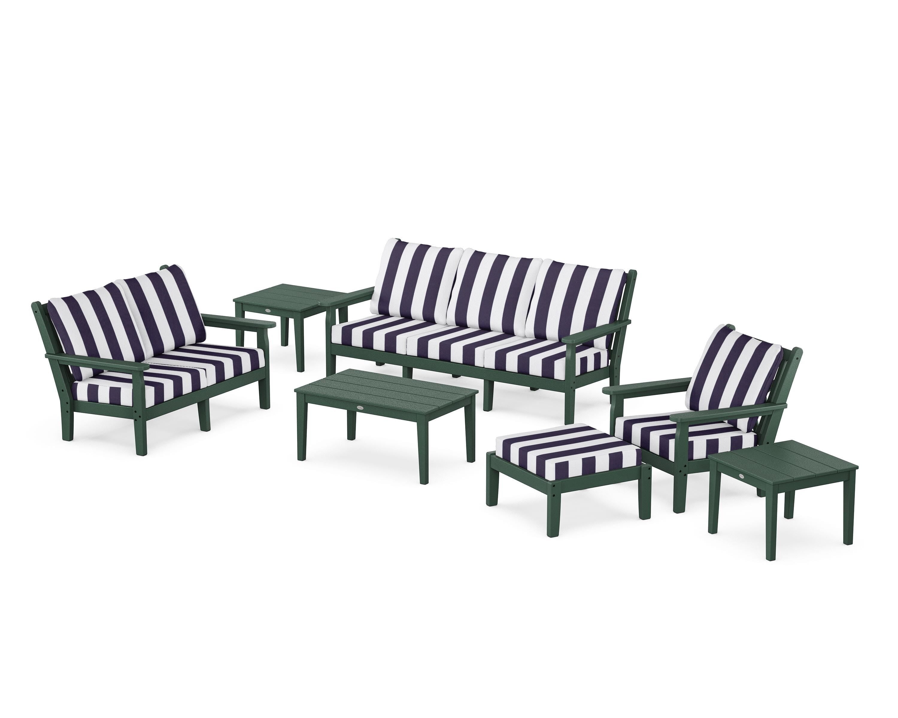 POLYWOOD® Chippendale 7-Piece Deep Seating Set in Green / Cabana Stripe Navy