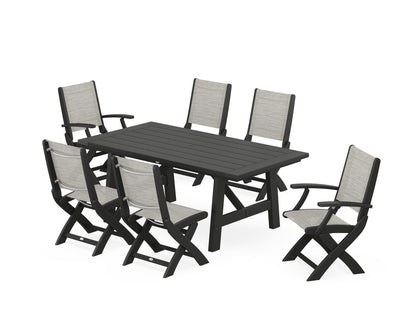 POLYWOOD® Coastal Folding Chair 7-Piece Rustic Farmhouse Dining Set in Black / Birch Sling