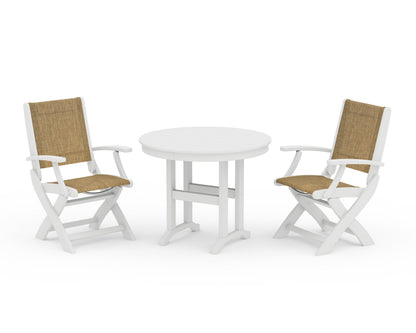 POLYWOOD® Coastal Folding Chair 3-Piece Round Dining Set in White / Burlap Sling