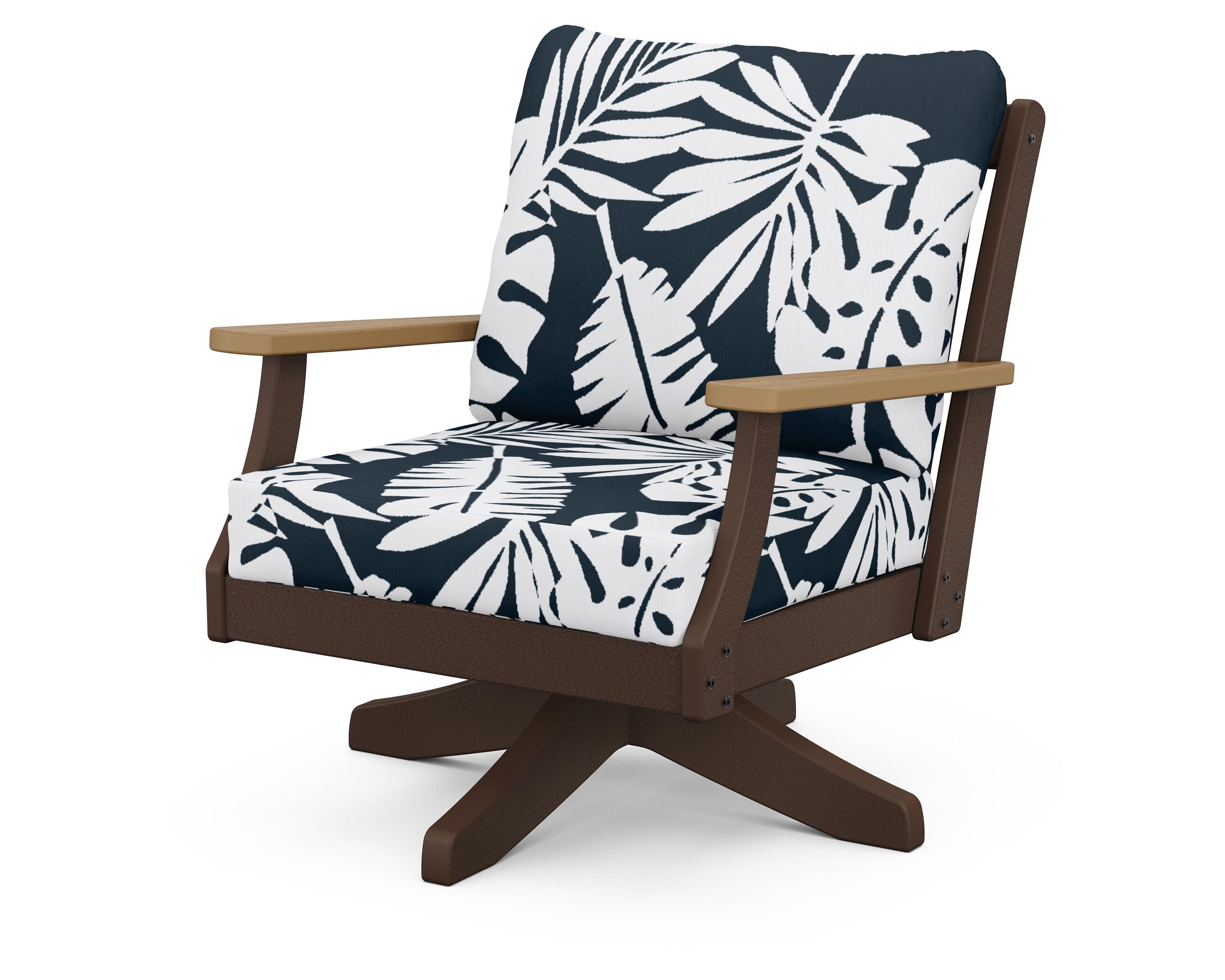 POLYWOOD® Braxton Deep Seating Swivel Chair in Mahogany / Natural / Leaf Marine Indigo