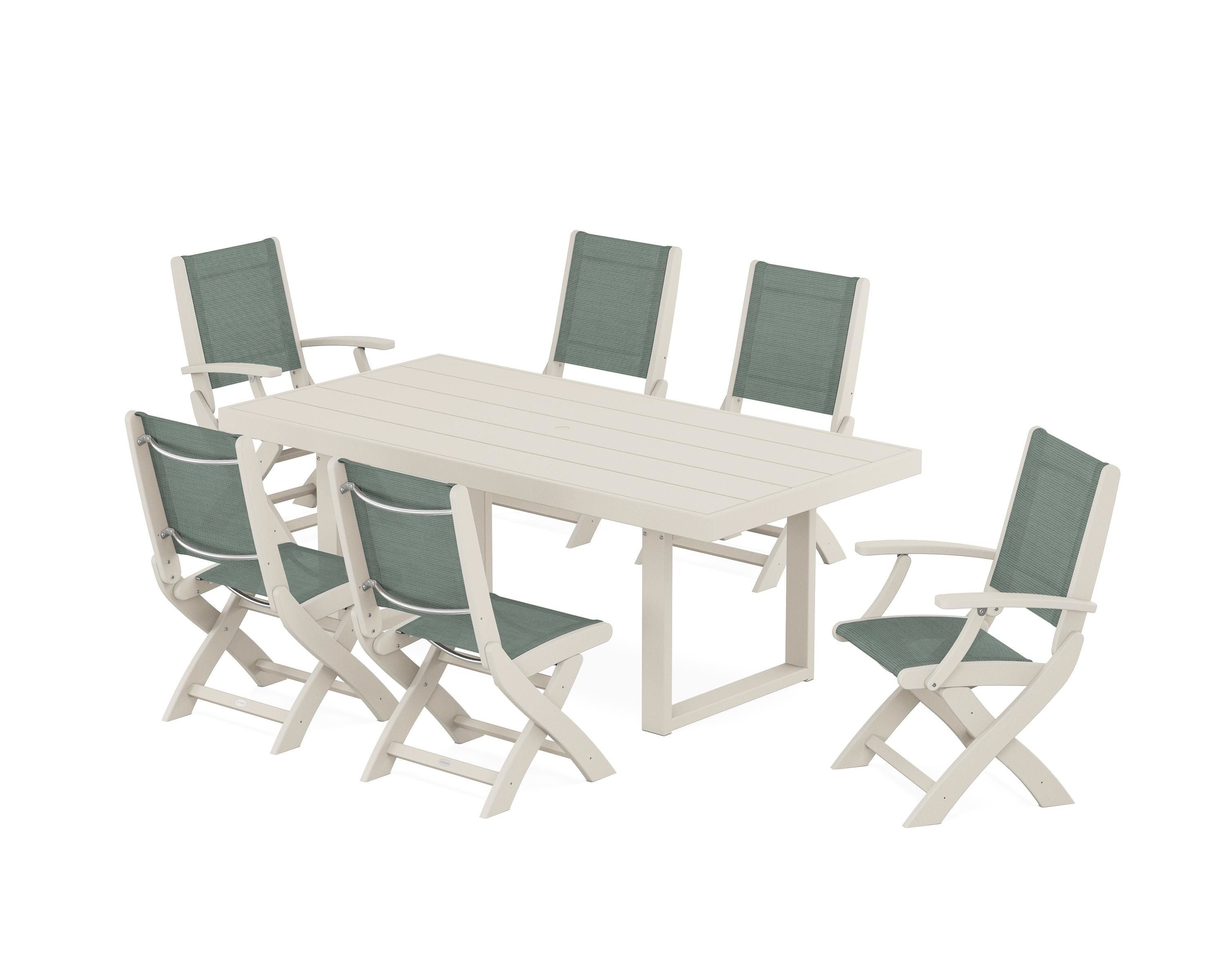 POLYWOOD® Coastal Folding Chair 7-Piece Dining Set with Trestle Legs in Sand / Dupioni Sea Mist Sling