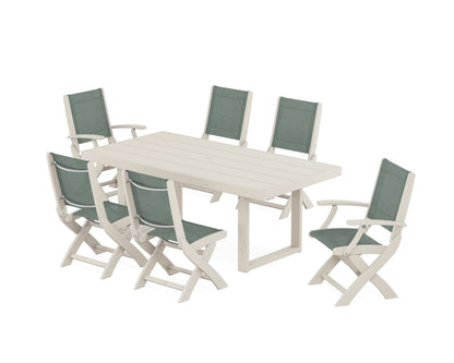 POLYWOOD® Coastal Folding Chair 7-Piece Dining Set with Trestle Legs in Sand / Dupioni Sea Mist Sling