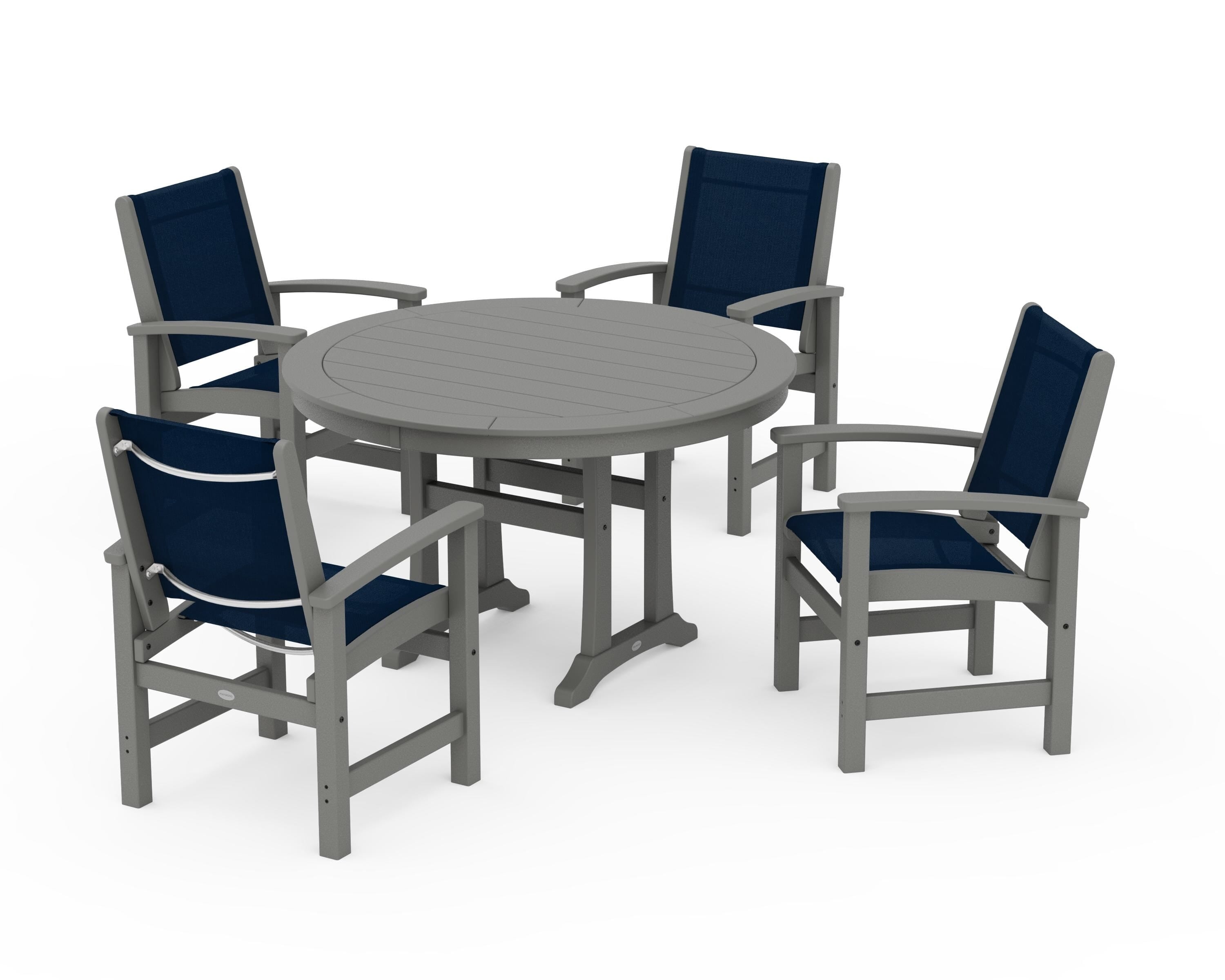 POLYWOOD® Coastal 5-Piece Round Dining Set with Trestle Legs in Slate Grey / Navy Blue Sling