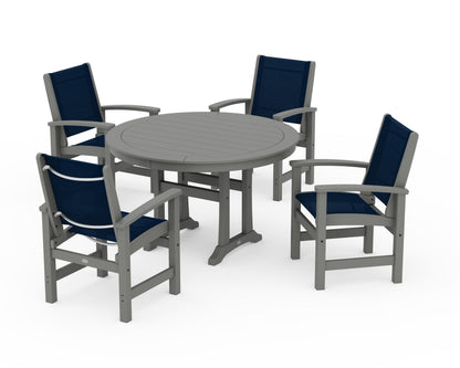 POLYWOOD® Coastal 5-Piece Round Dining Set with Trestle Legs in Slate Grey / Navy Blue Sling