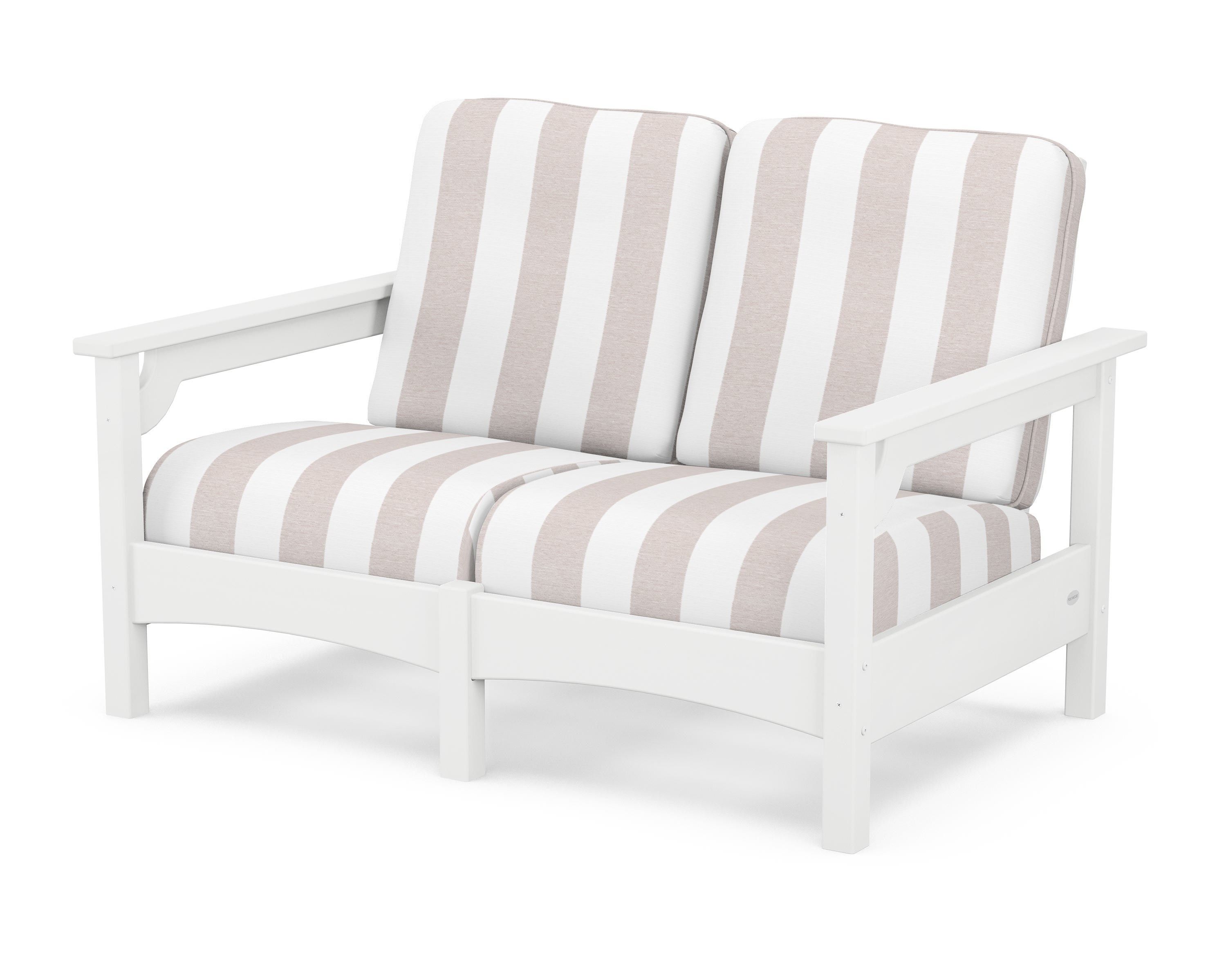 POLYWOOD® Club Loveseat in White / Cabana Stripe Dune Burlap