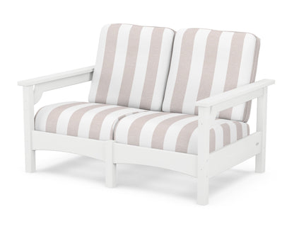 POLYWOOD® Club Loveseat in White / Cabana Stripe Dune Burlap