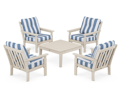 POLYWOOD® Vineyard 5-Piece Deep Seating Conversation Set in Sand / Cabana Stripe Sky Blue